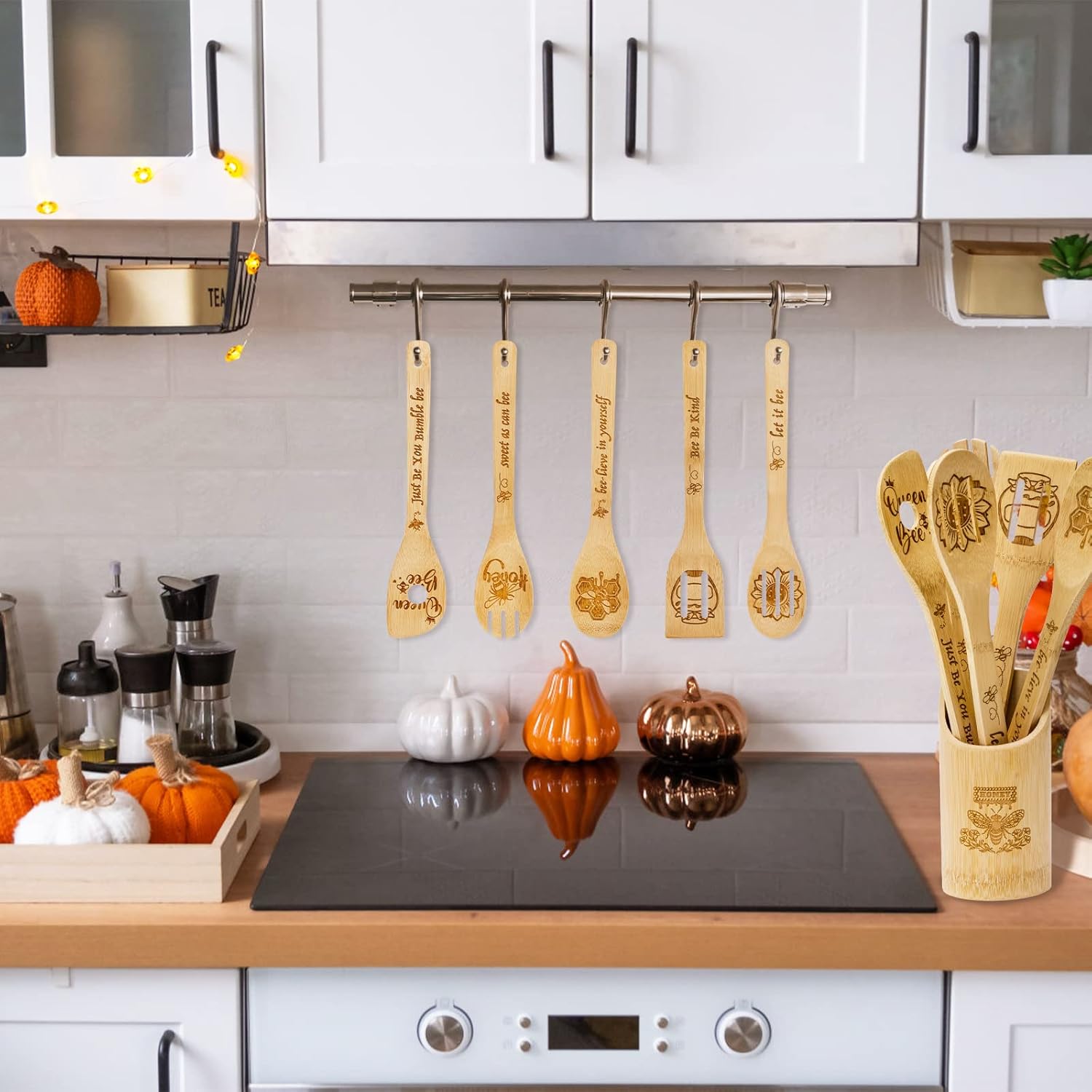 Cucharas de madera para cocinar, divertidas citas inspiradas, juego de utensilios de cocina grabados con láser, suministros de cocina, cuchara de