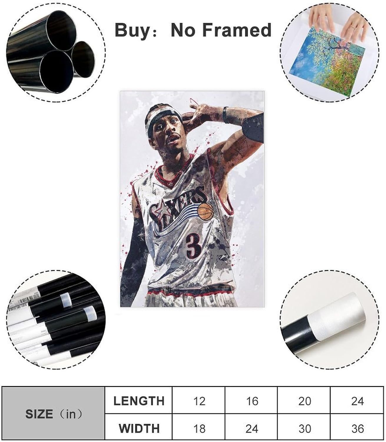 BAVIEN Allen Iverson – Pósteres artísticos de baloncesto, 2 pósteres en lienzo para decoración de pared, pintura para sala de estar, dormitorio, sin