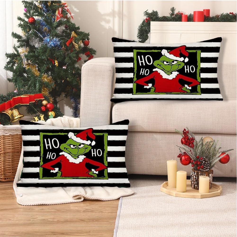 RABUSOFA Fundas de almohada del Grinch de 12 x 20 pulgadas, fundas de almohada decorativas de Navidad del Grinch, fundas de cojín lumbar de rayas