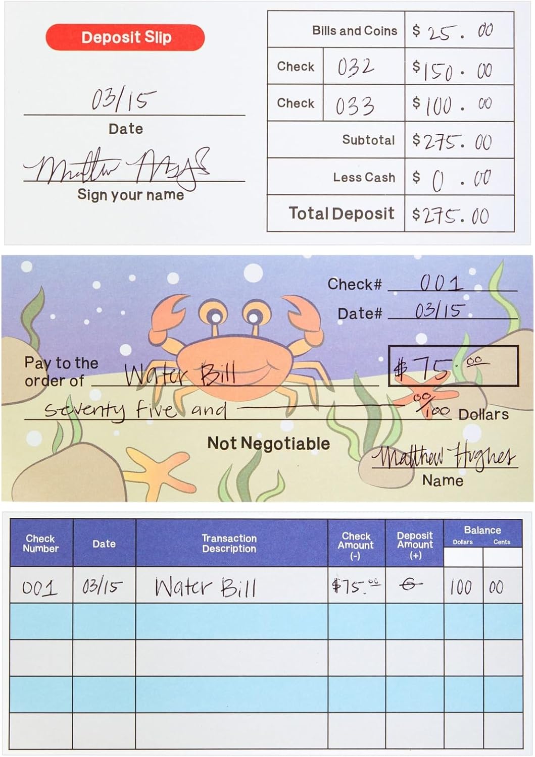 BLUE PANDA 150 hojas de chequera falsa para niños que aprenden con comprobación de depósito y registro de cheques para suministros escolares de
