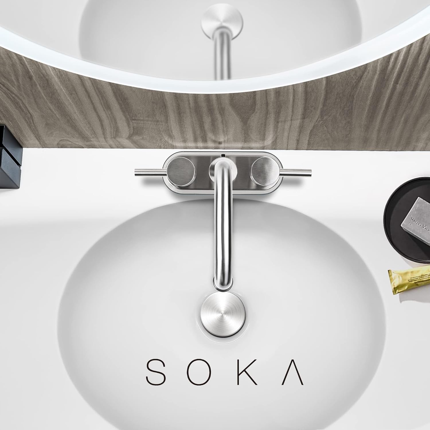 SOKA Centerset – Grifo de baño con 2 asas de 4 pulgadas, fregadero de mano comercial, grifo táctil de 3 agujeros, níquel cepillado, palanca L