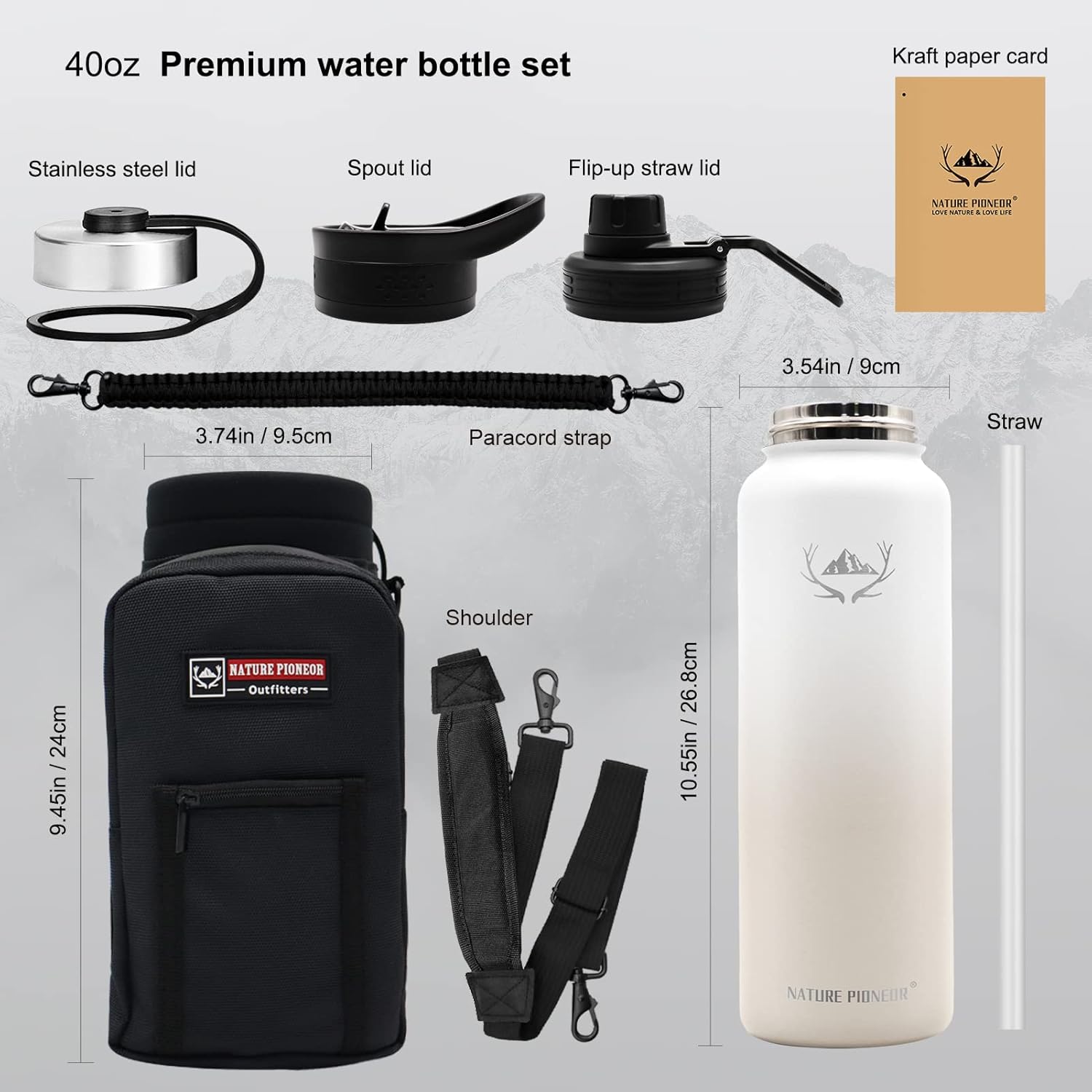 NATURE PIONEOR Botellas de agua aisladas con pajilla, botella de agua de acero inoxidable de 243240 onzas con soporte, portadorfunda, reutilizable,