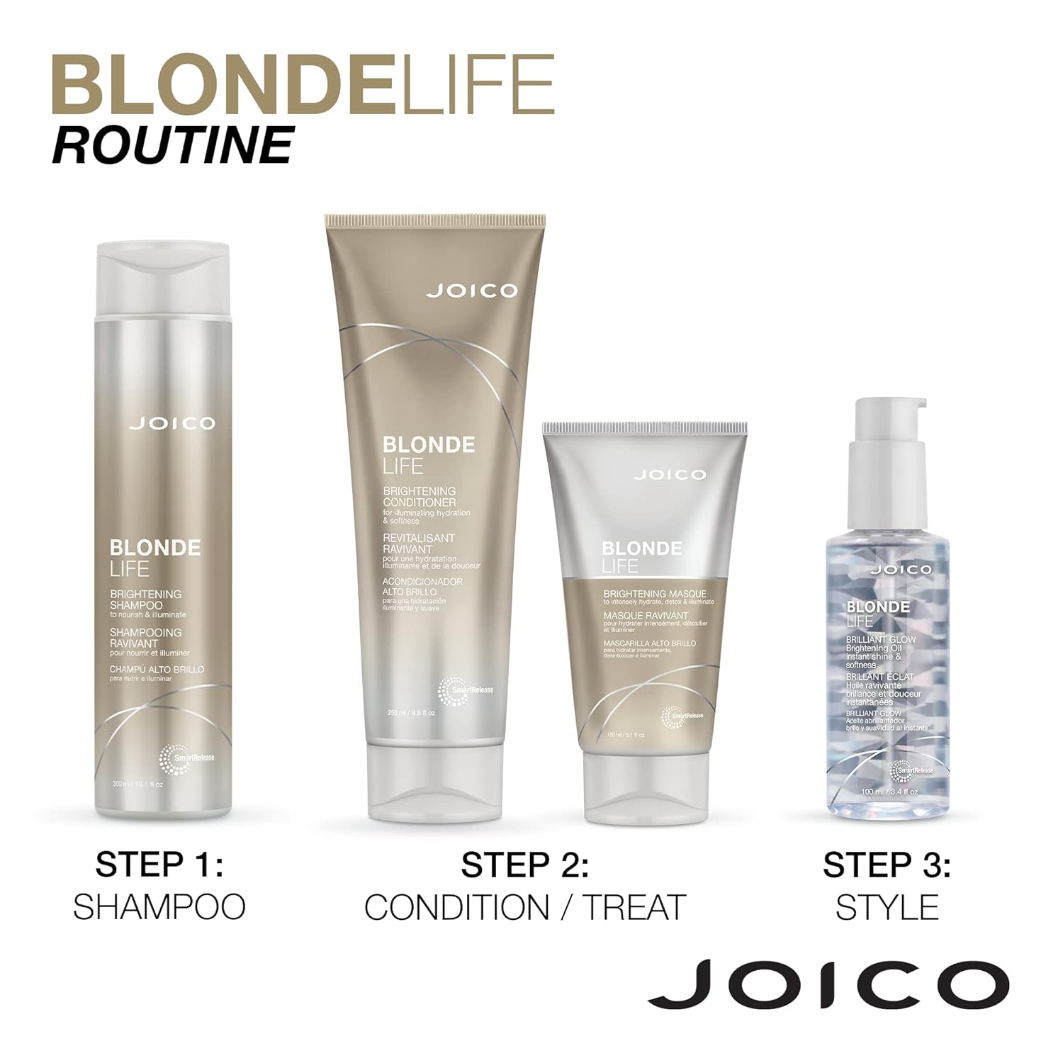 Joico Champú y acondicionador iluminador Blonde Life  Para cabello rubio  Añade suavidad y suavidad  Sin sulfatos  Con aceite de monoi y tamanu