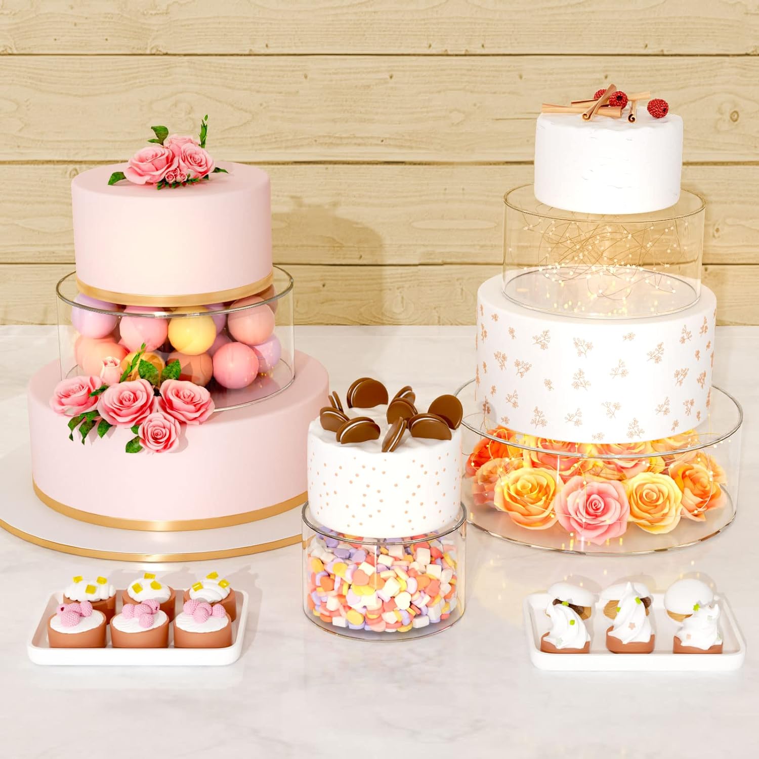 2 soportes de acrílico rellenables para tartas, nivel elevador de pasteles, caja de exhibición cilíndrica redonda, centro de mesa decorativo para