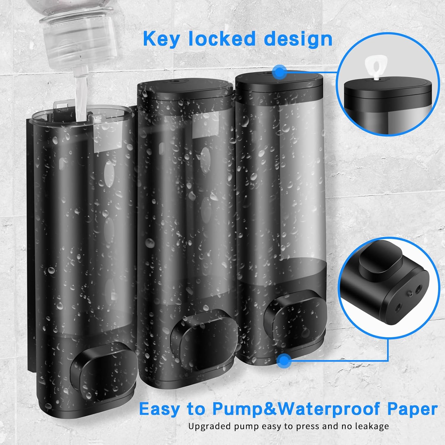 Shampoo and Conditioner Dispenser, Bathroom Shower Dispenser 3 Chamber No Drill Shampoo Dispenser, Perfect for Bathroom Wall, Kitchen Wall, Hotel