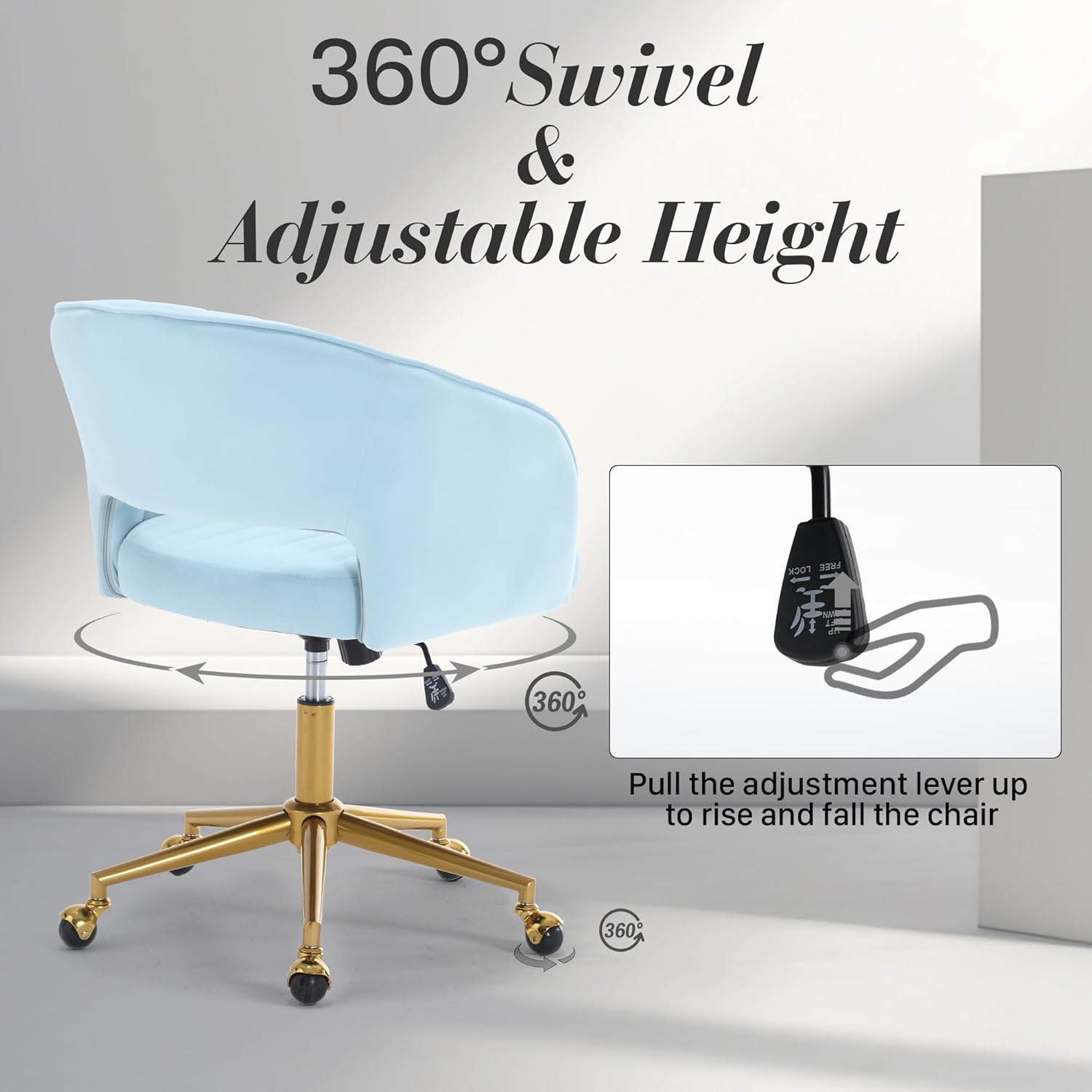 Homedraft Silla de escritorio giratoria para oficina en casa, moderna silla de escritorio de terciopelo, sillón de altura ajustable con base dorada,