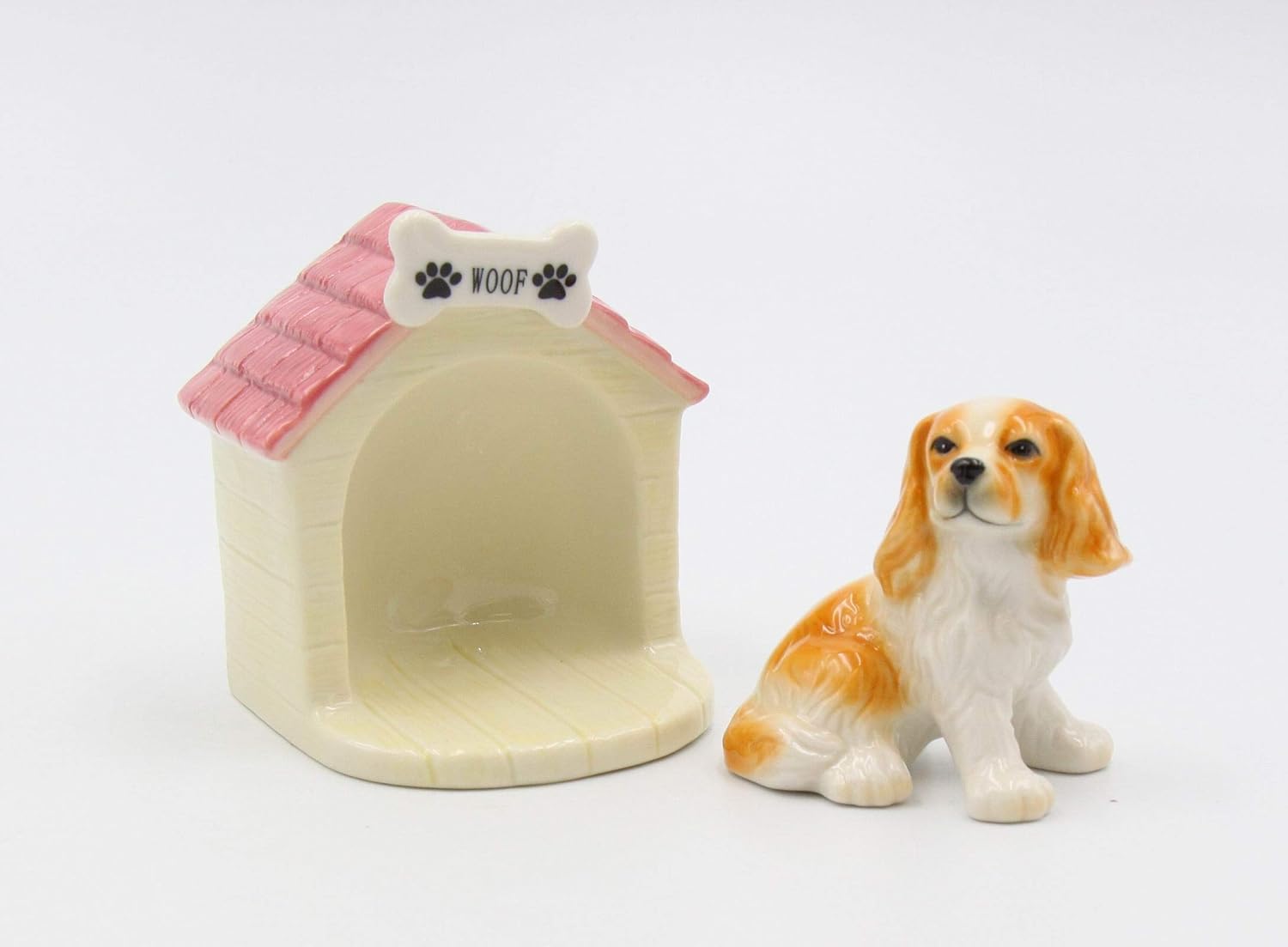 Juego de cocker spaniel de porcelana fina con casa para perros, salero y pimentero, 3-38 pulgadas de alto