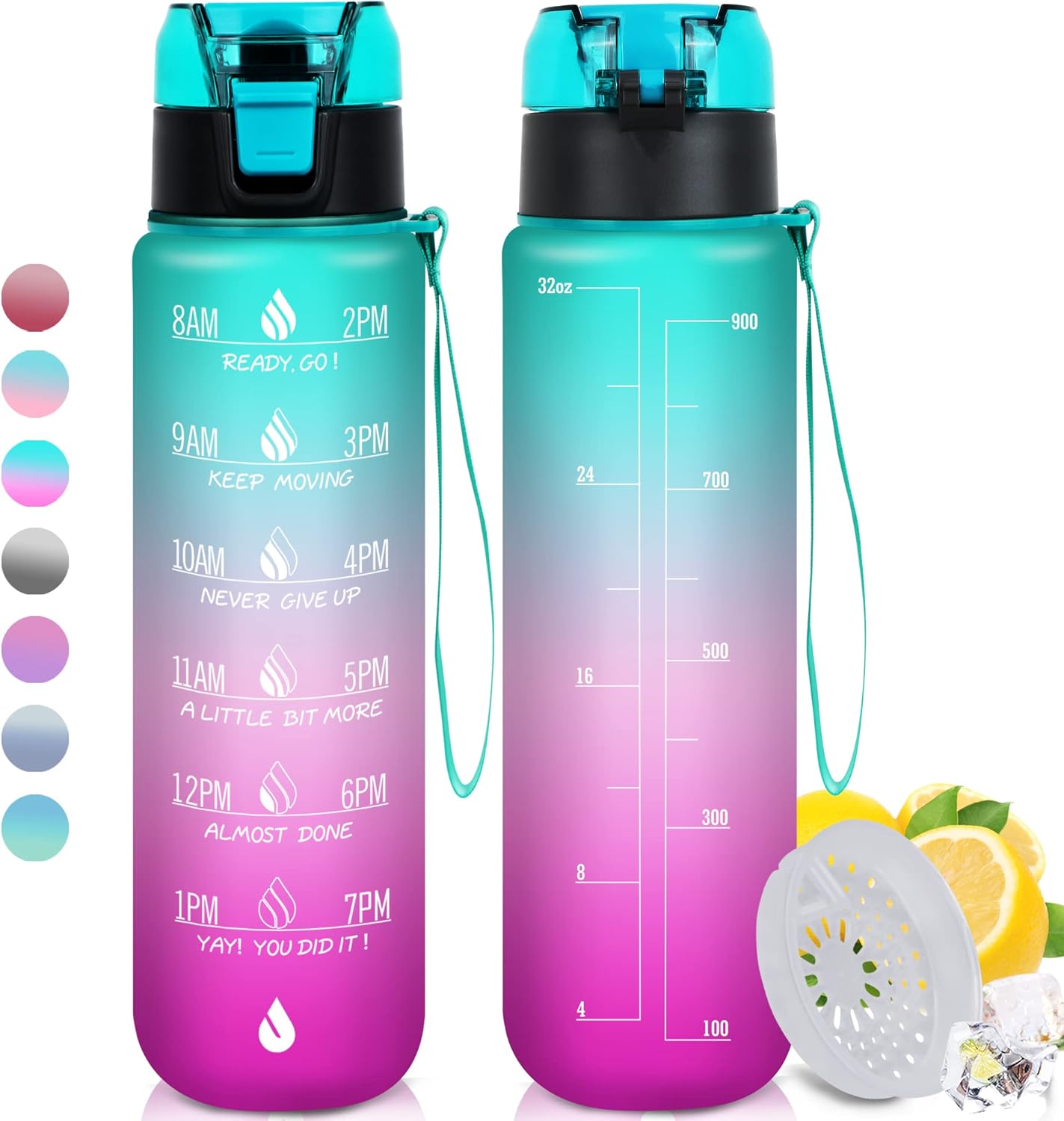 ZOMAKE Botella de agua motivacional de 32 onzas con tiempos para beber, marcador de tiempo y filtro extraíble, flujo rápido, jarra de agua Tritan