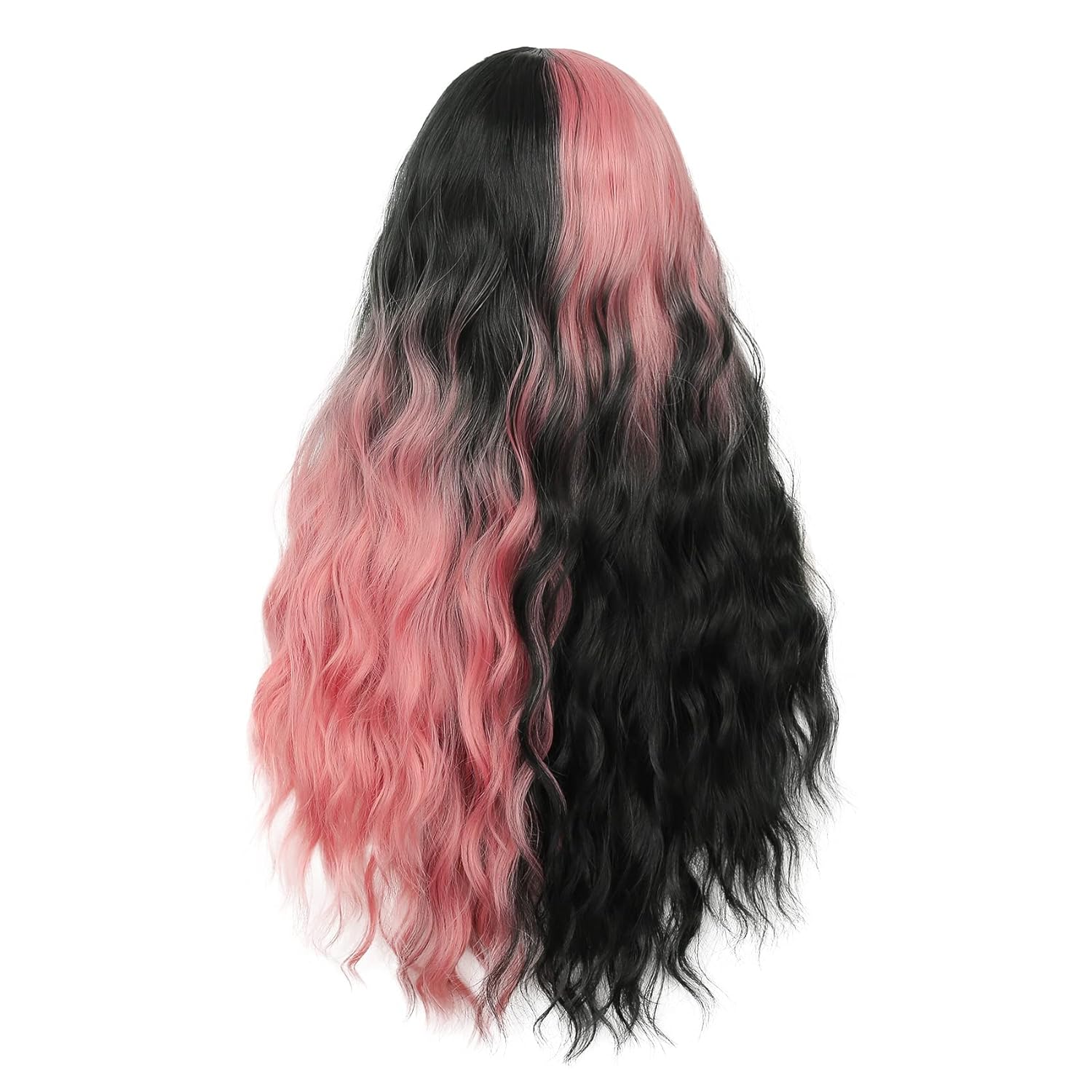 Swiking Peluca media rosa mitad negra para mujer, cabello sintético largo rizado, resistente al calor, peluca completa natural para uso diario,