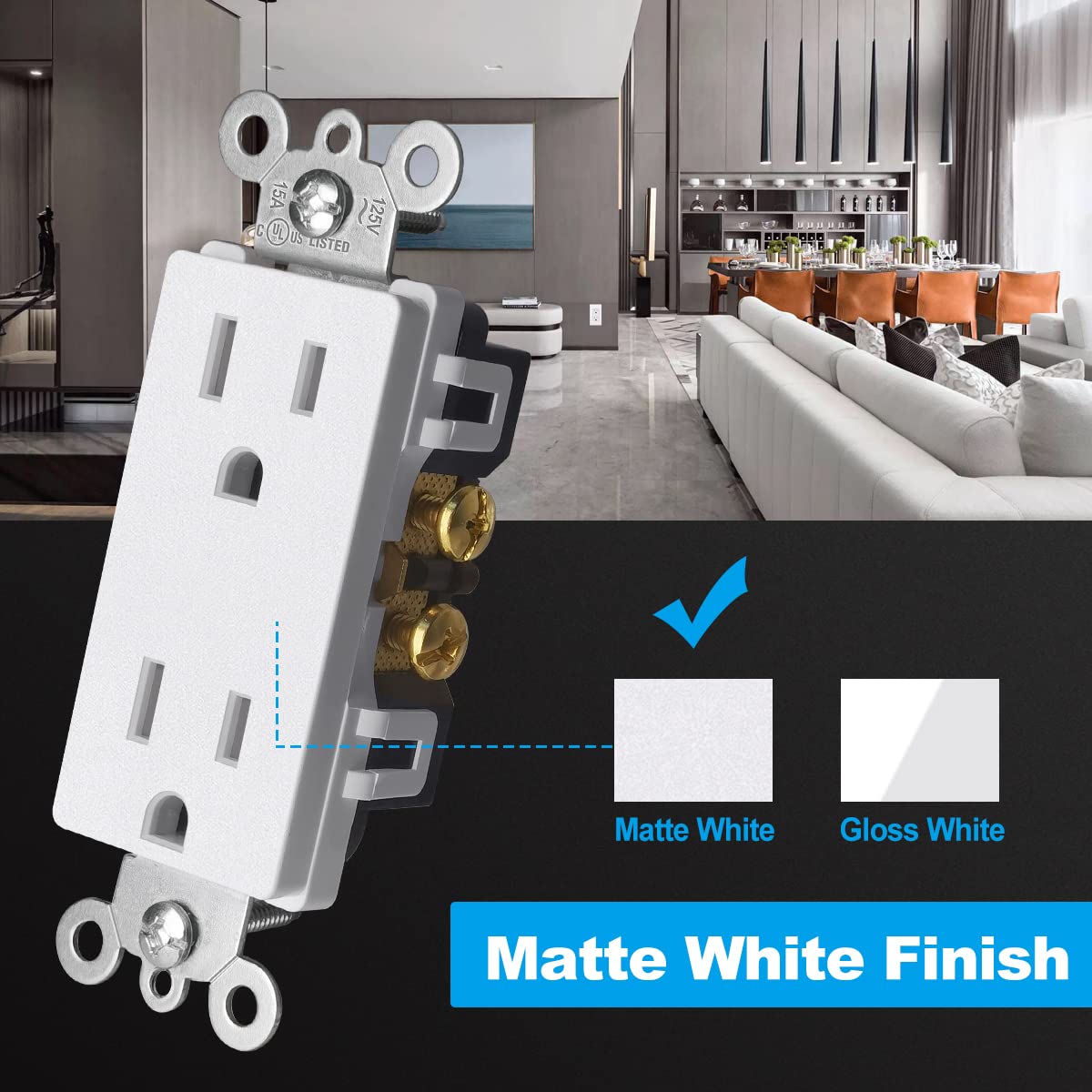 CML – 20 tomacorrientes de pared color blanco mate de 15 amperios, seguros para niños, resistentes a manipulaciones, enchufes eléctricos estándar,