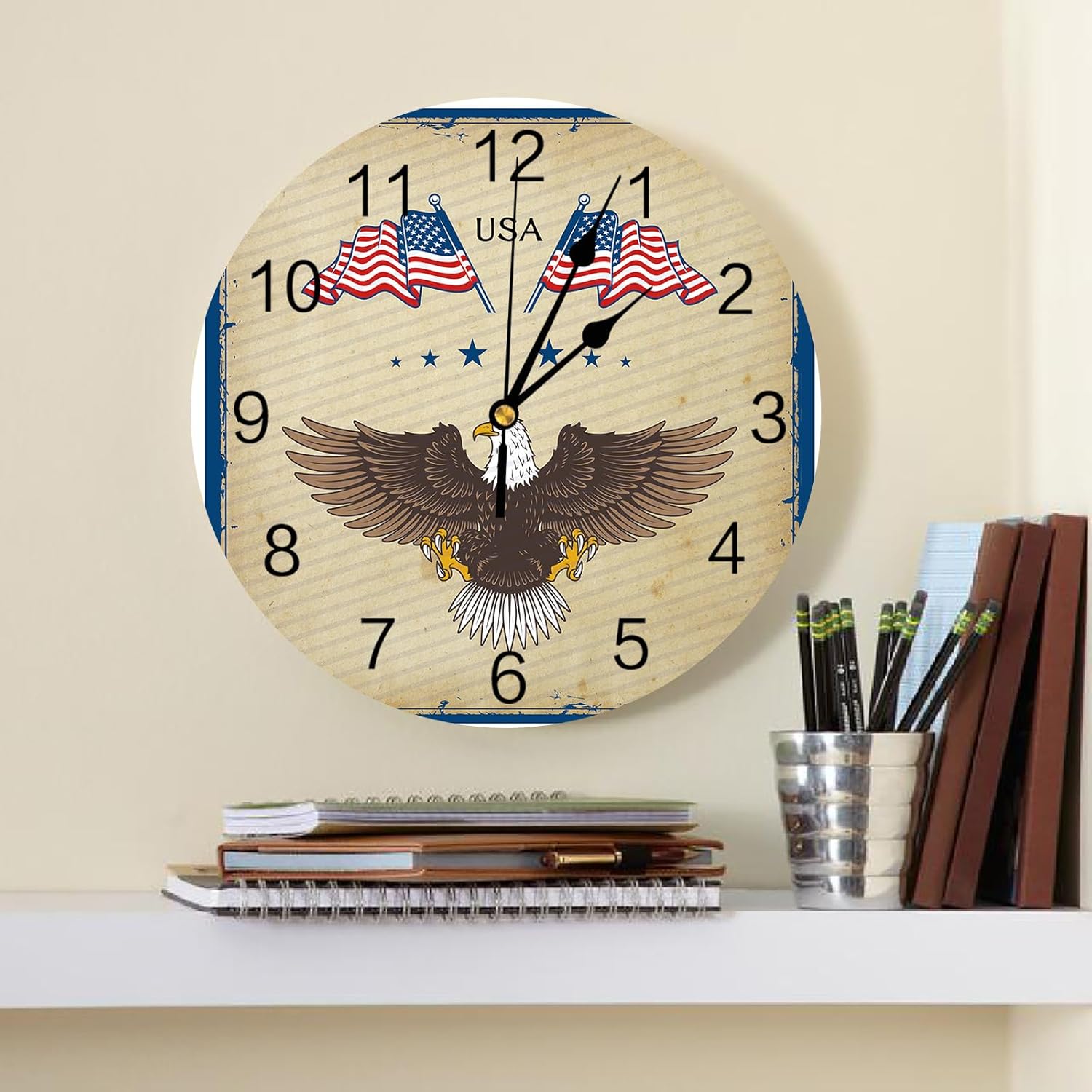 Reloj de pared silencioso sin tictac para cocina del hogar, Día de la Independencia, bandera estadounidense, águila, patriótico, reloj de pared de