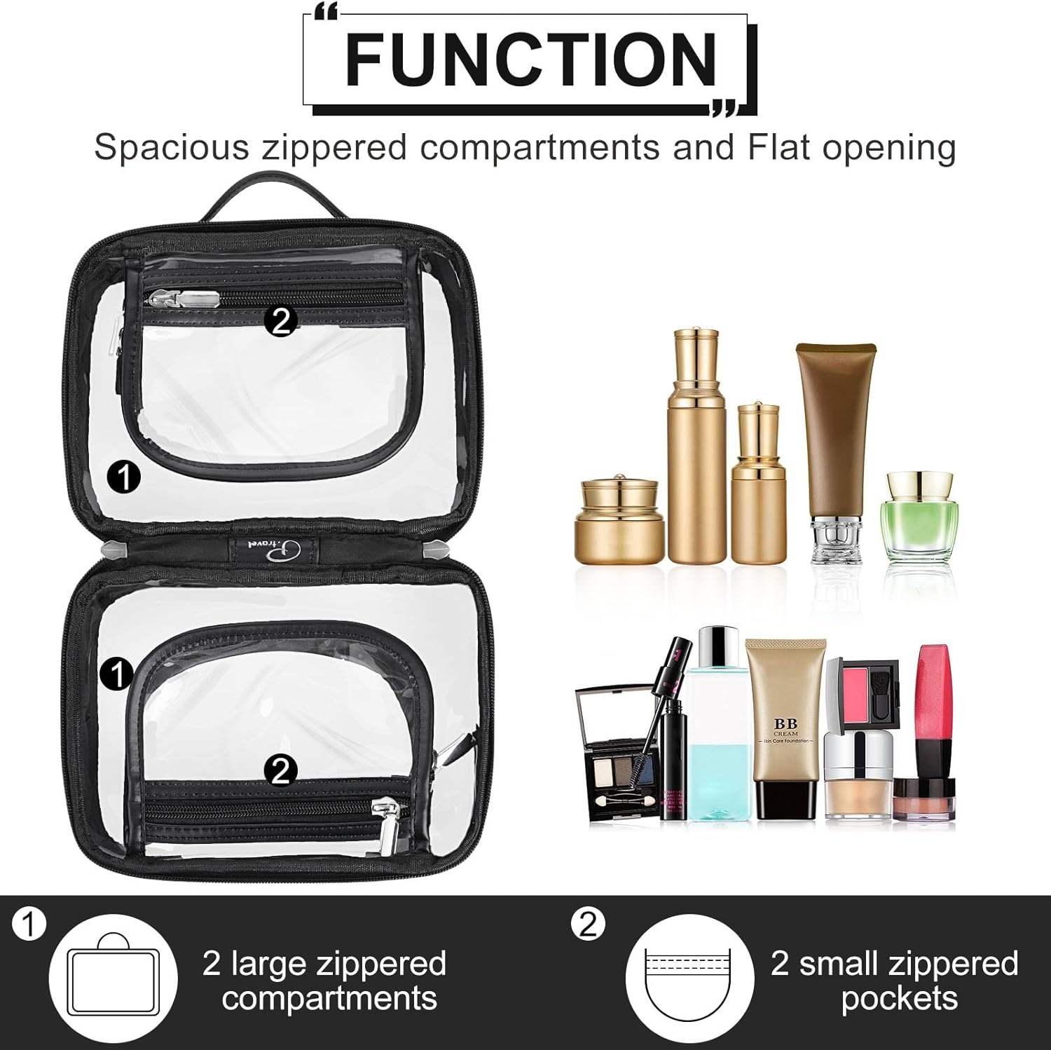 Cessfle Bolsa de maquillaje de viaje transparente de doble cara, bolsa de cosméticos de viaje impermeable, transparente, bolsa organizadora de