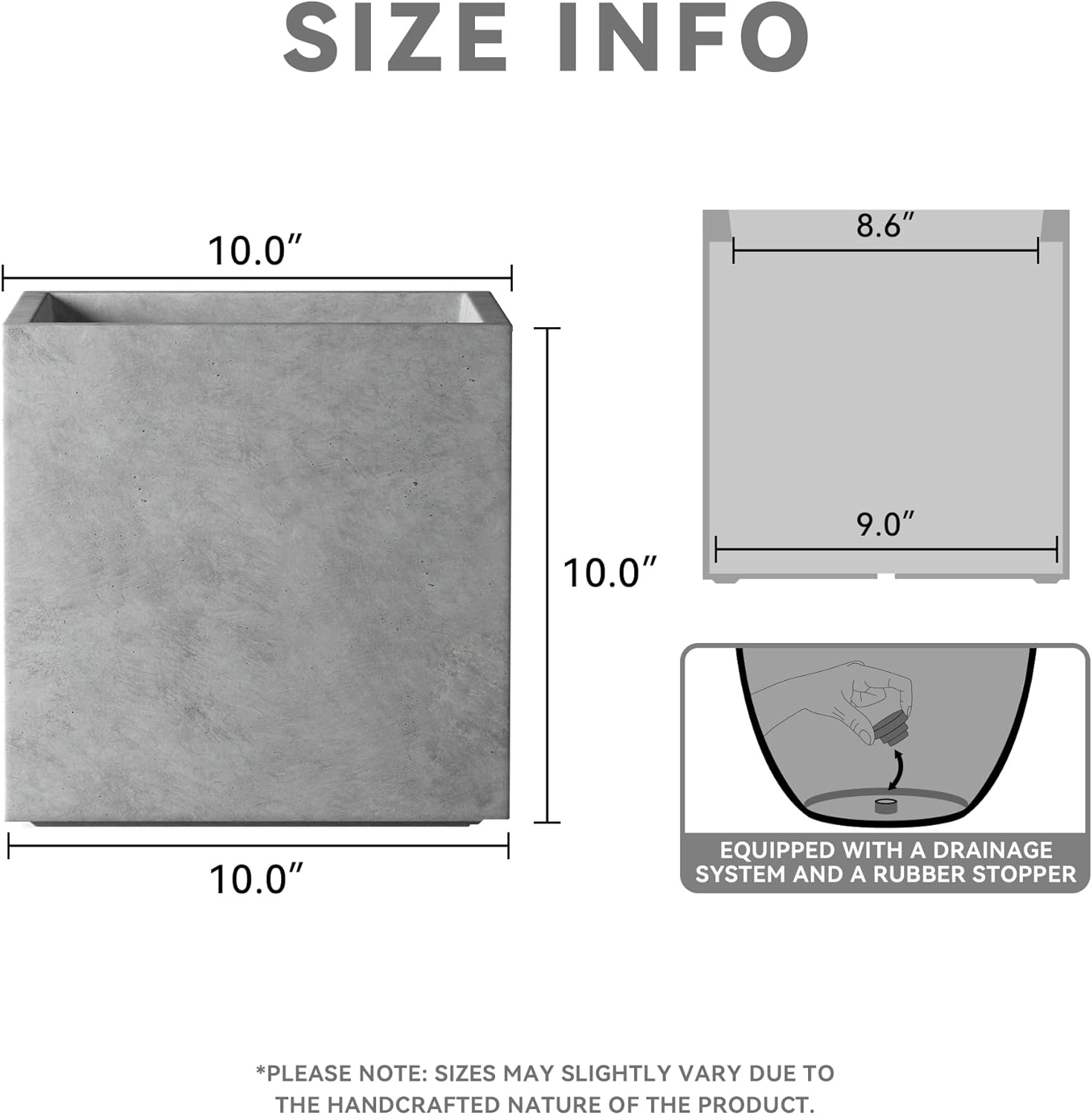 Kante Maceta cuadrada de hormigón de 10 pulgadas para exteriores, interiores, patio, jardín, maceta grande con orificio de drenaje y tapón de goma,