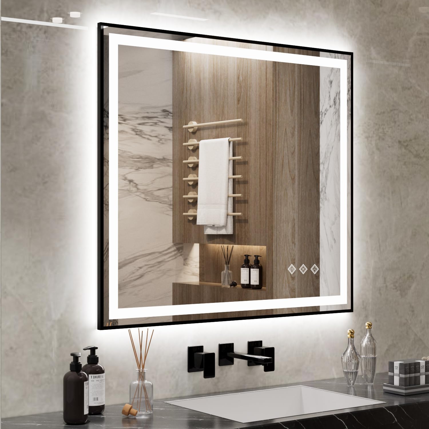 Espejo de tocador LED, 40 x 36 pulgadas, marco negro degradado frontal y retroiluminado, espejo de tocador de baño, 3 colores regulables CRI90, IP54