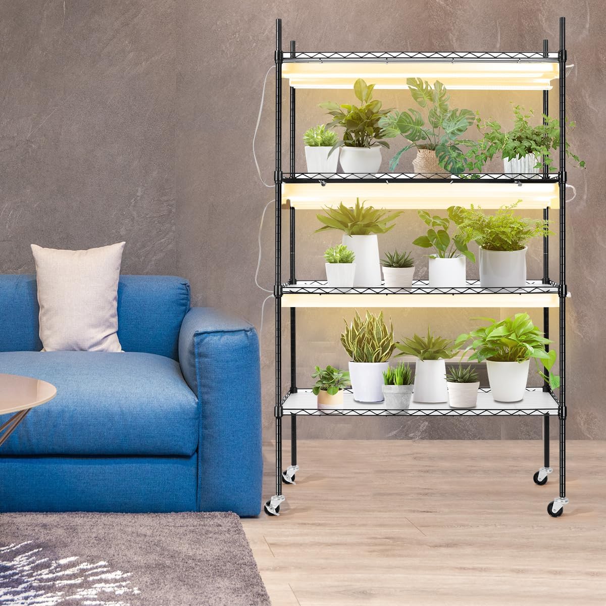 BreeRainz Estante para plantas con luces de crecimiento, soporte de metal de 4 niveles con capacidad de 90 libras para cada estante, longitud de