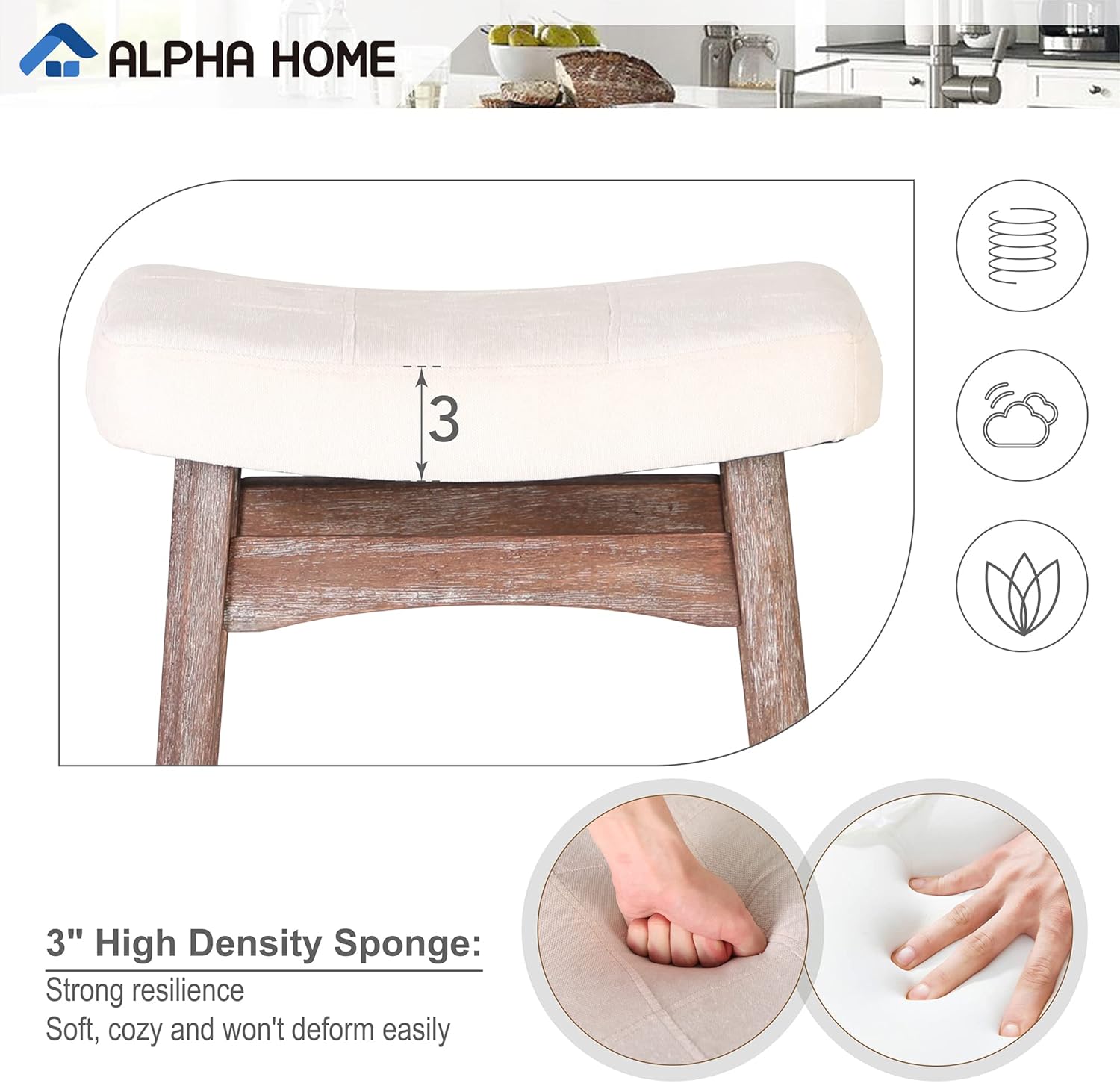ALPHA HOME Juego de 3 taburetes de bar, taburetes de cocina de madera maciza con cojín de tela de lino beige, taburetes de bar de altura de