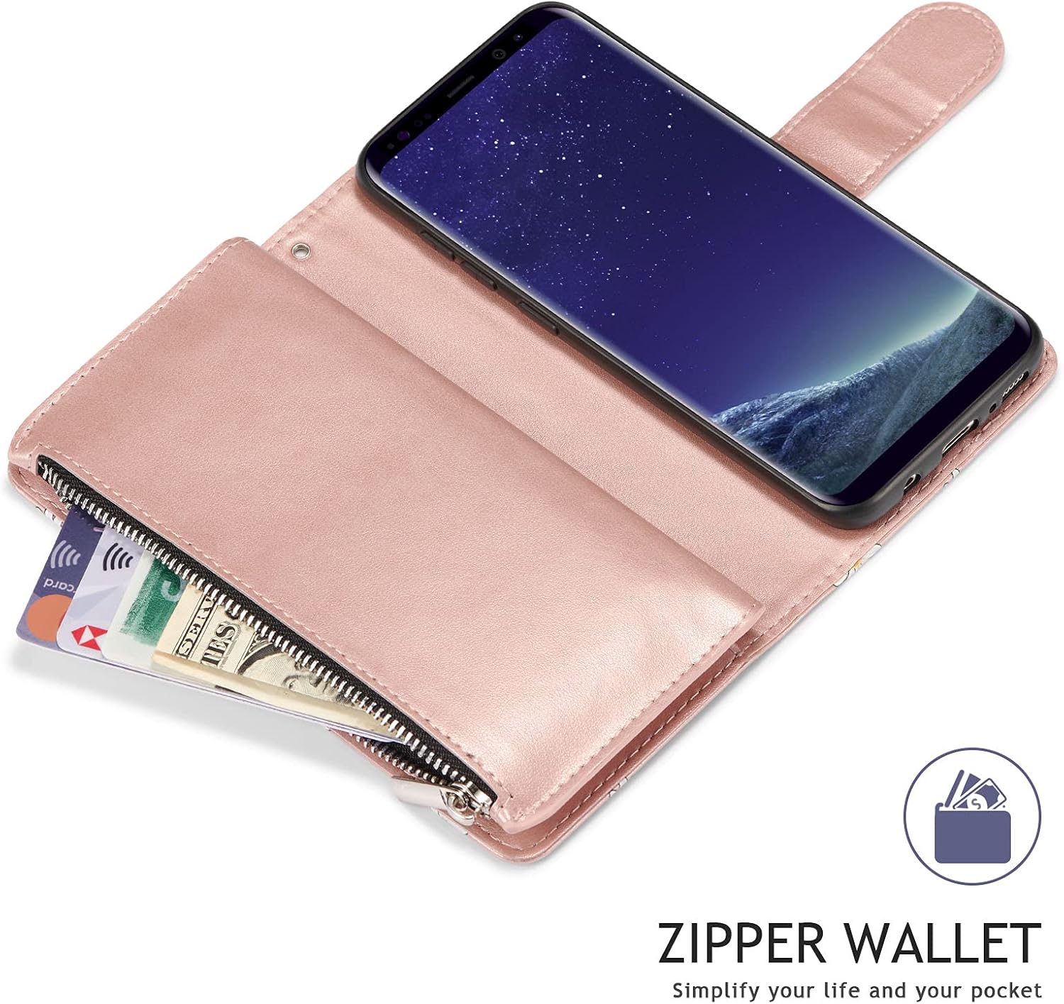 UEEBAI Funda tipo cartera para Samsung Galaxy S9 Plus, funda de piel sintética, cierre magnético, bolsillo con cremallera, ranuras para tarjetas con