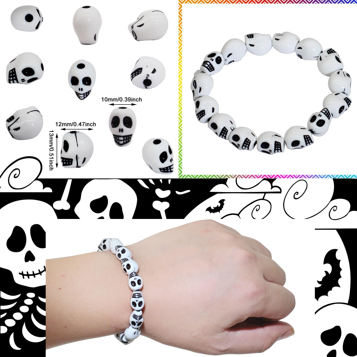150 cuentas de calavera acrílicas, cuentas espaciadoras de cabeza de esqueleto, cuentas blancas sueltas de Halloween y 1 rollo de cuerda elástica