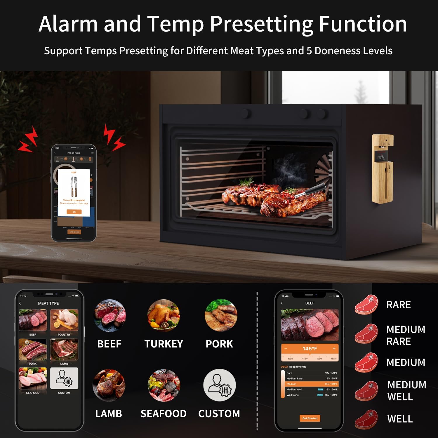 Termómetro de carne verdaderamente inalámbrico, termómetro digital Bluetooth para horno con control de aplicación, alcance remoto de 393.7 ft393