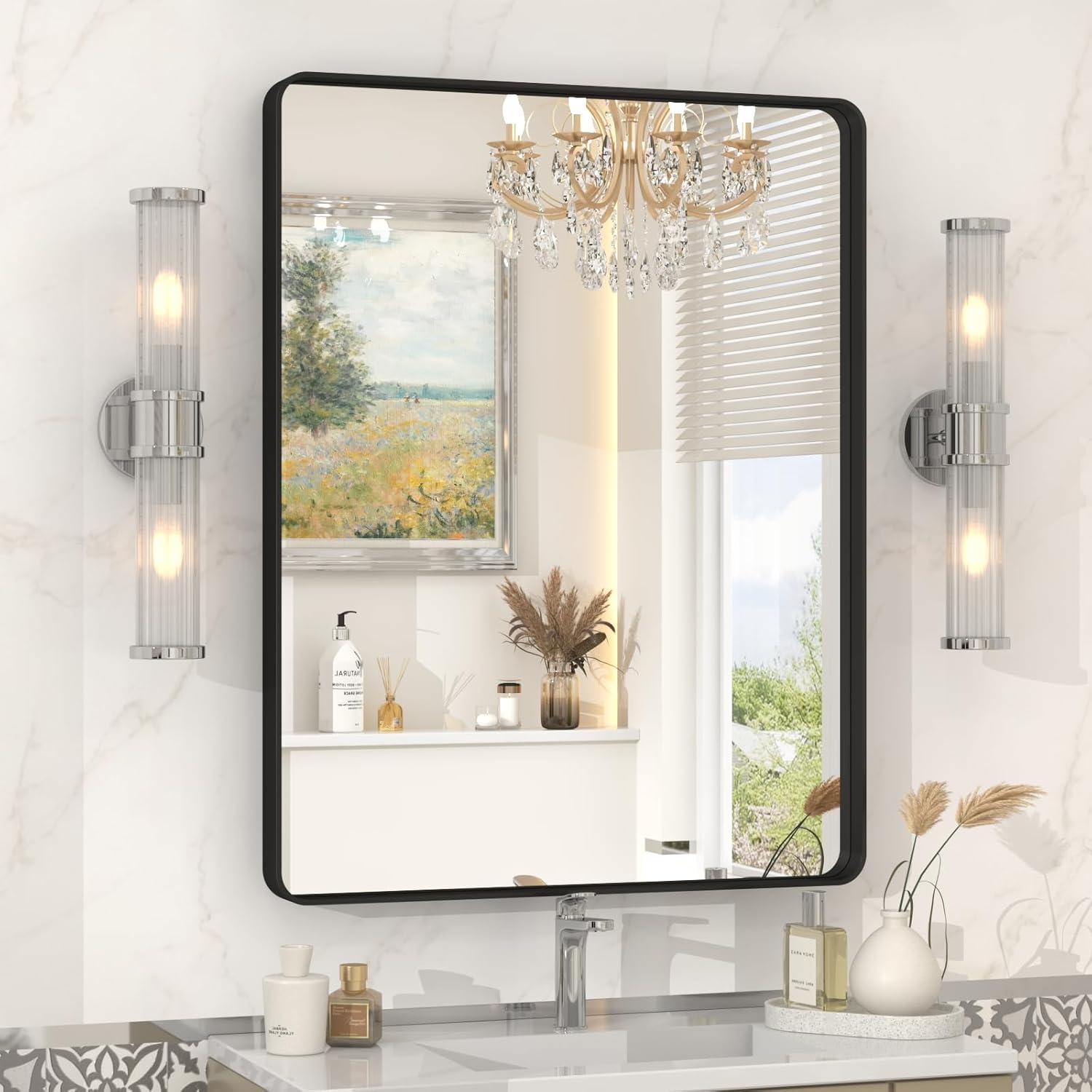 Espejo con marco de metal negro de 22 x 30 pulgadas para baño, espejo de tocador negro mate, espejo de baño rectangular redondeado, antioxidante,