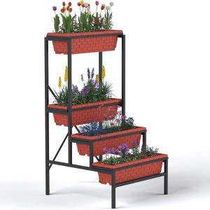 Cama de jardín elevada resistente de 4 niveles, 24 pulgadas de largo x 26 pulgadas de ancho x 47 pulgadas de alto, marco de soporte de metal con 4 Cama de jardín elevada resistente de 4 niveles, 24 pulgadas de largo x 26 pulgadas de ancho x 47 pulgadas de alto, marco de soporte de metal con 4