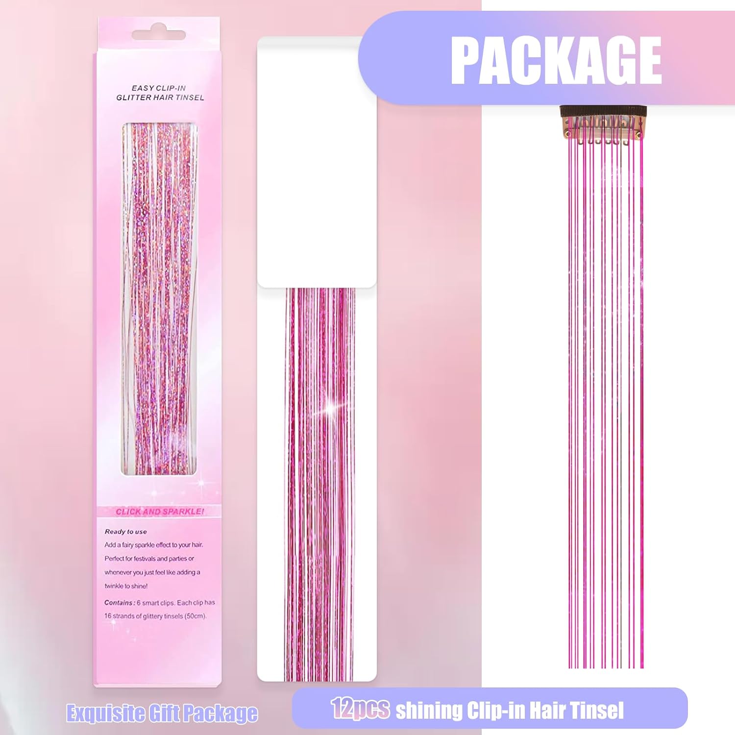 Kit de oropel de cabello con clip, 12 piezas, extensiones de cabello de 20 pulgadas, resistente al calor, kit de oropel de cabello de hada con