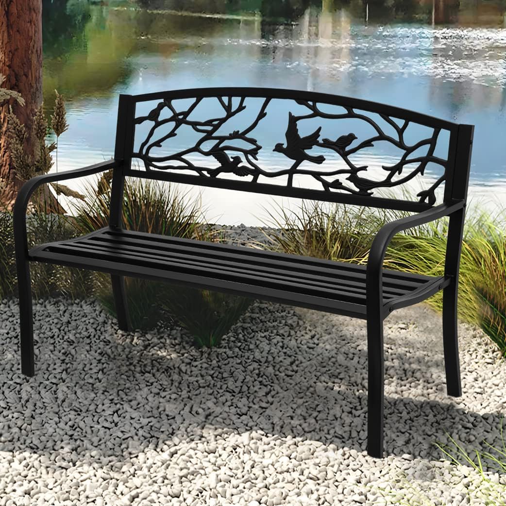MoNiBloom Banco de exterior para jardín, patio, porche, muebles de aluminio ligero y resistente de 50 pulgadas con marco de metal de acero de