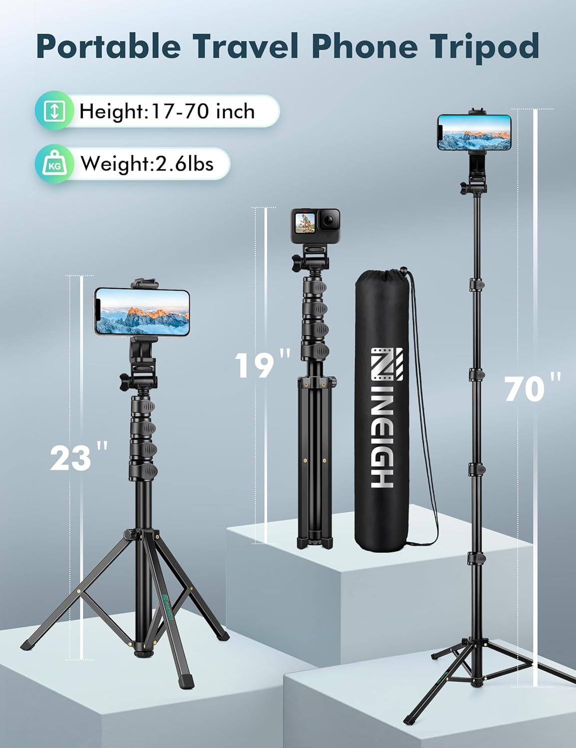 Trípode para teléfono, trípode de 70 pulgadas para iPhone celular, soporte de trípode para selfie stick con soporte remoto para teléfono, trípode de