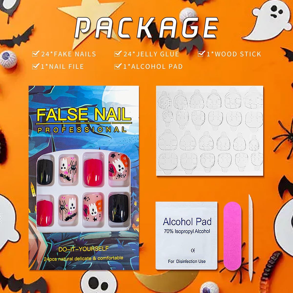 Uñas postizas de Halloween, uñas cortas cuadradas a presión, uñas postizas rosa y negro con diseños de telaraña fantasma, uñas con pegamento, puntas