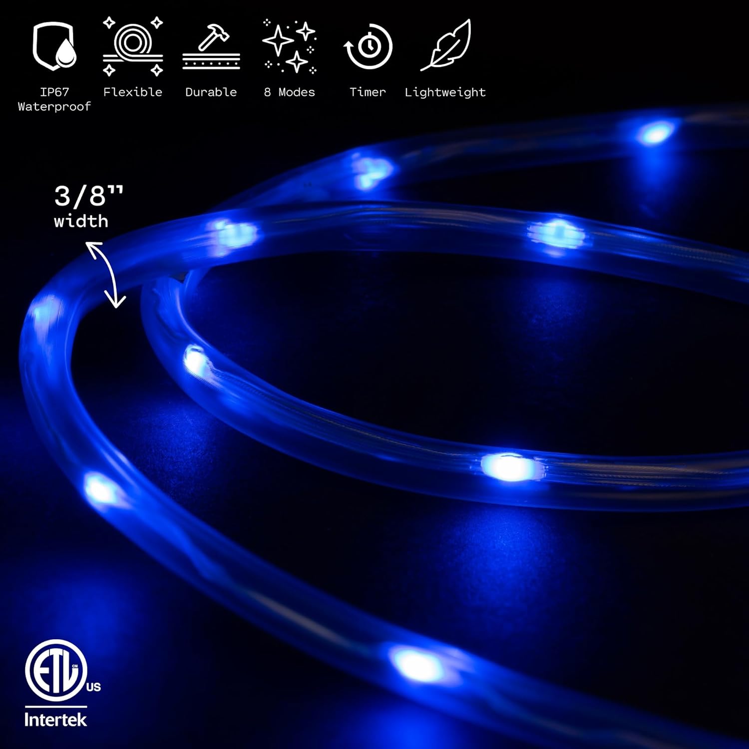 WYZworks Cuerda de luz LED azul de 10 pies, 8 modos, iluminación impermeable para exteriores con control remoto, tubo transparente flexible,
