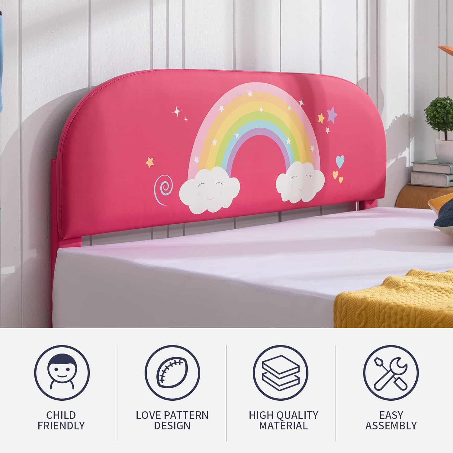 Zafly – Marco de cama matrimonial para niños, marco de cama infantil con cabecera tapizada, cabecera y estribo curvados, marco de cama de madera de