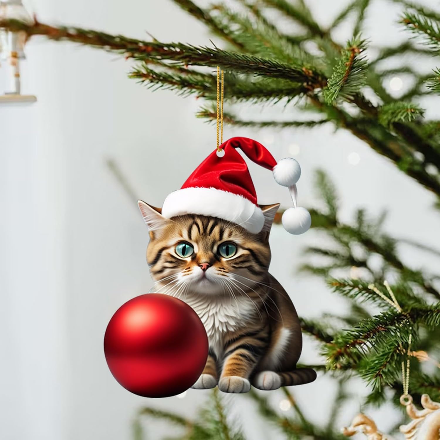 Adorno de árbol de Navidad de gato divertido acrílico 2D, adorno acrílico de doble impresión, colgante de regalo blanco, colgante oscilante para