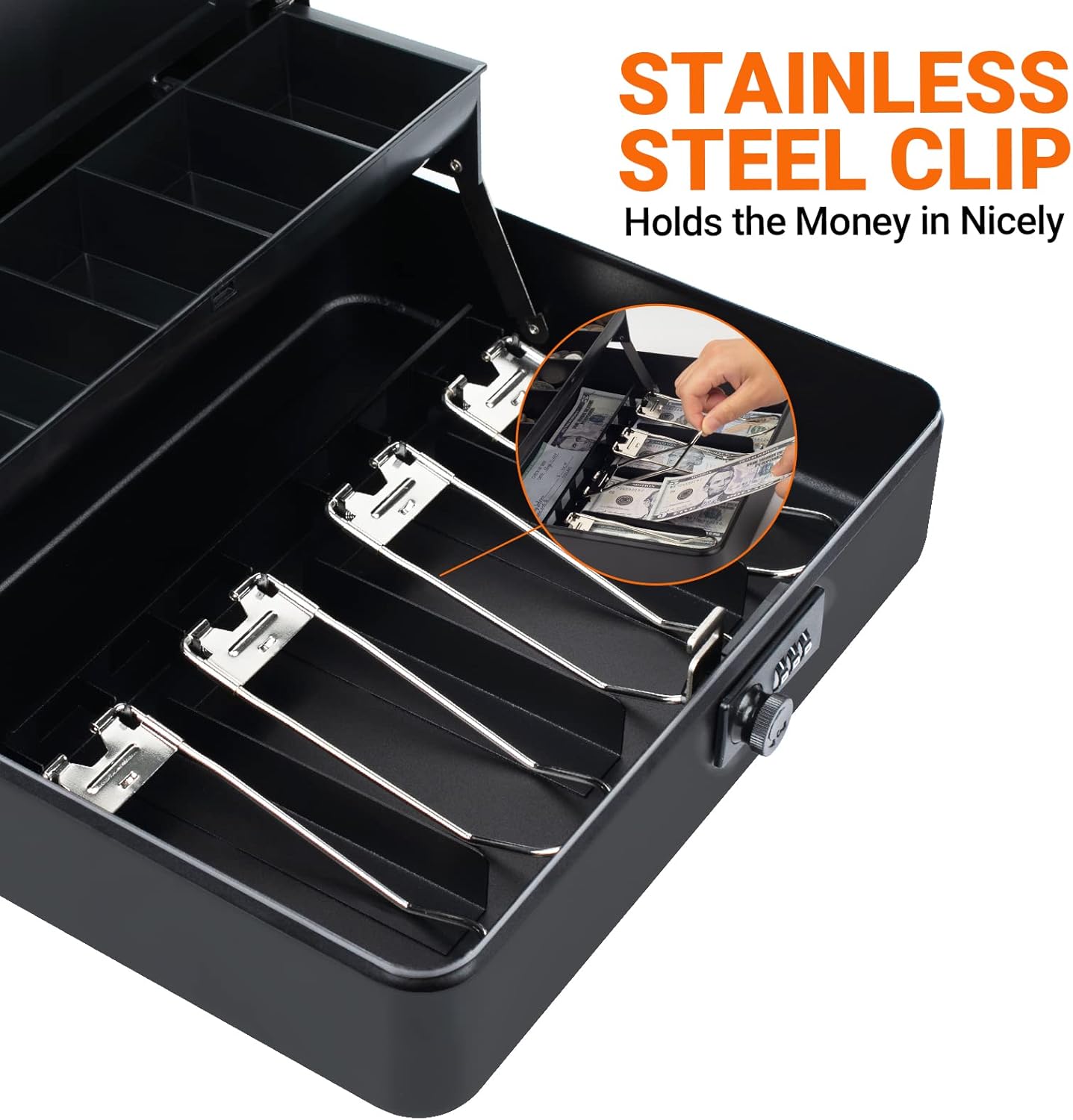 Tera Caja de dinero grande con bandeja de dinero y cerradura de combinación 4 billetes 5 ranuras para monedas caja de dinero portátil de metal