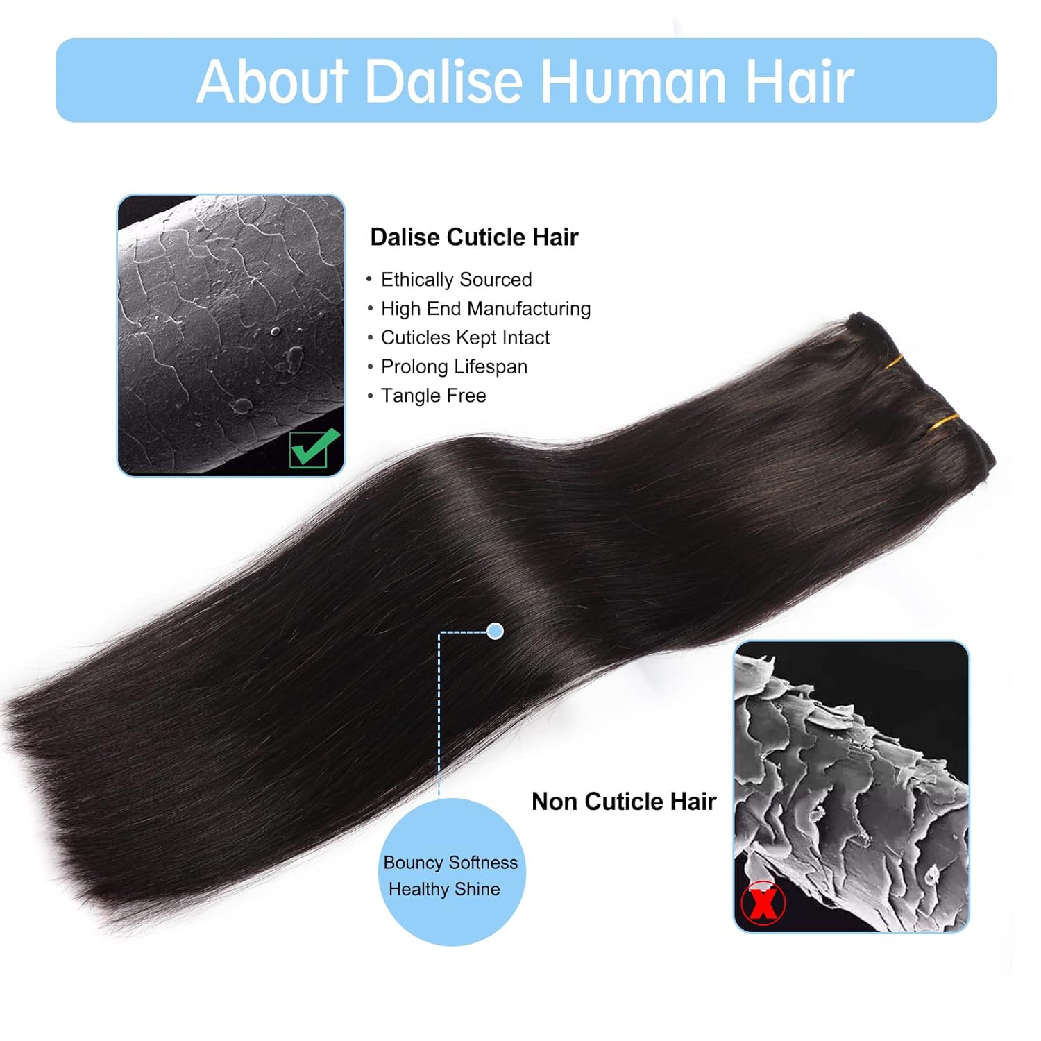 Dalise Extensiones de cabello humano con clip, color negro natural, doble trama, extensiones de cabello suave liso con clip (#1B, 16 pulgadas)