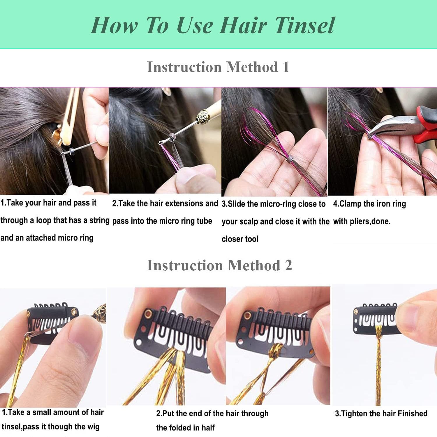 Kit de oropel para el cabello con herramientas, 8 piezas de 1600 hebras con purpurina, extensiones de cabello de oropel con purpurina, resistentes