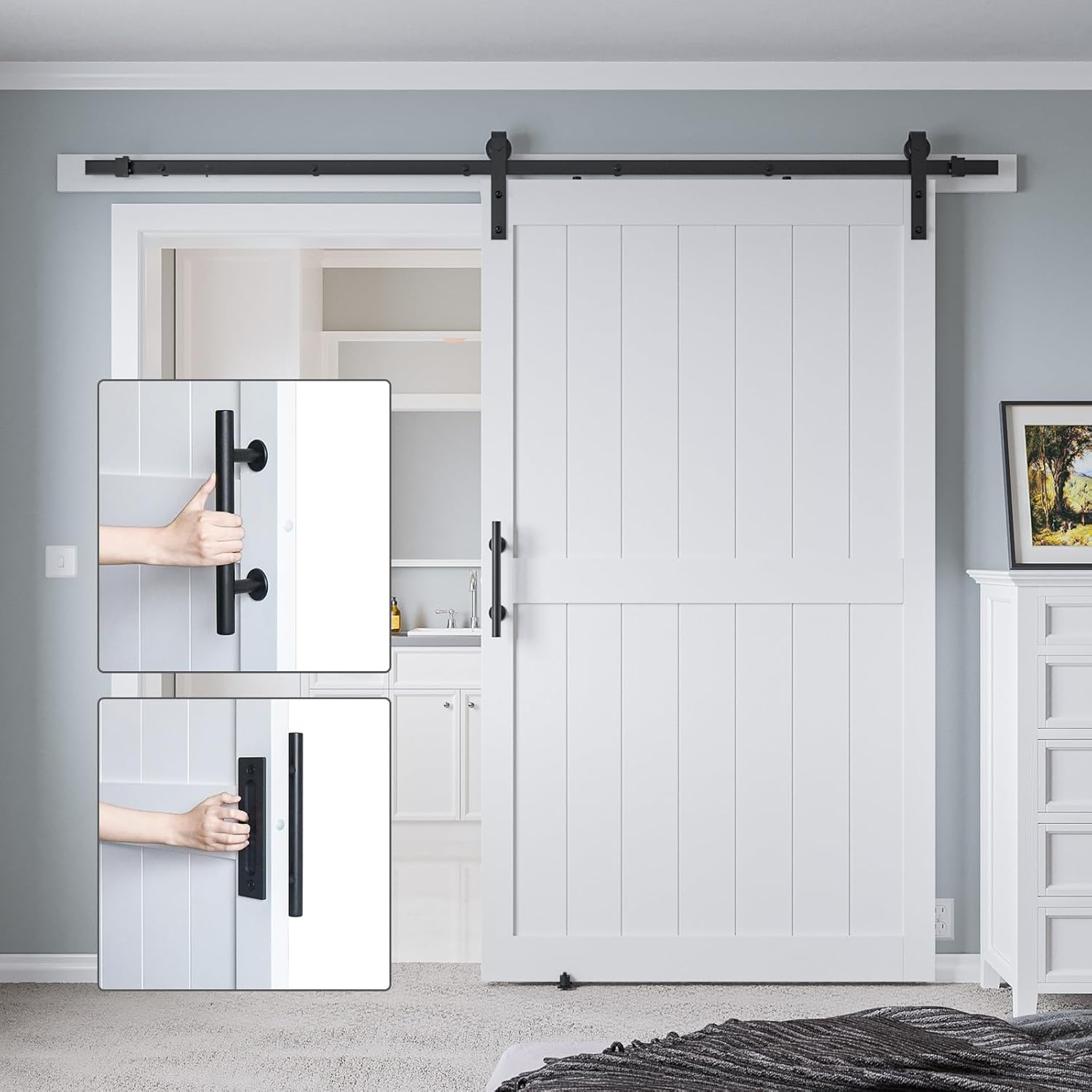 Puerta corrediza de granero MDF de 48 x 80 pulgadas con kit de herrajes para puerta de granero de 8 pies y asa, agujeros preperforados, fácil