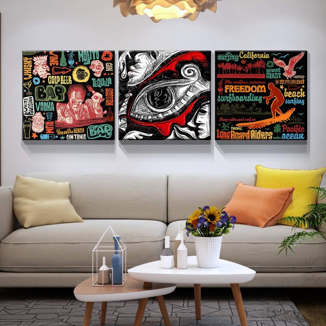 Denozer – 3 impresiones en lienzo para pared – Arte de pared con texto de graffiti para decoración de sala de estar, dormitorio, estirado y