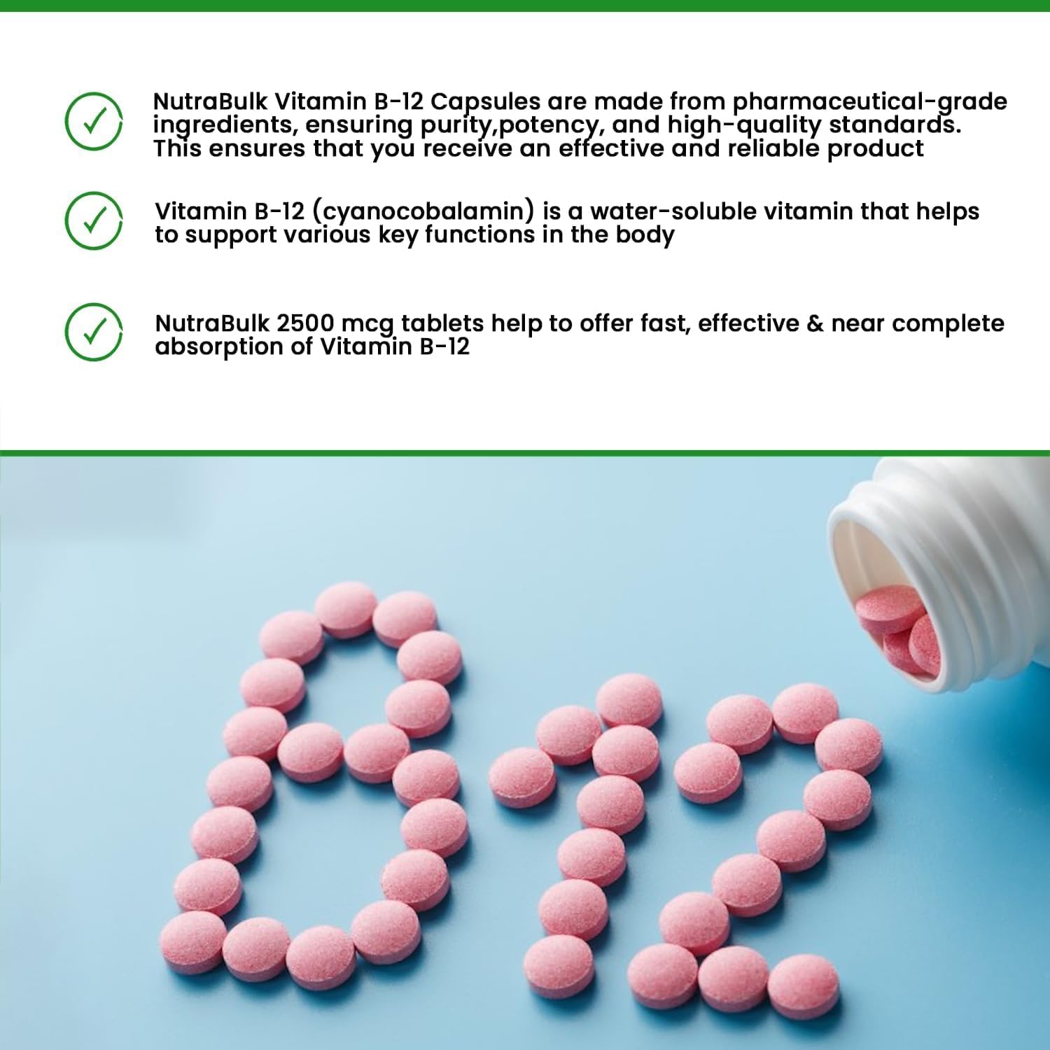 NutraBulk Vitamina B-12 Cápsulas de 2500 mcg Micro-Pastilla  Apoya el bienestar cognitivo y general  Sabor a cereza – Tabletas sublinguales (250