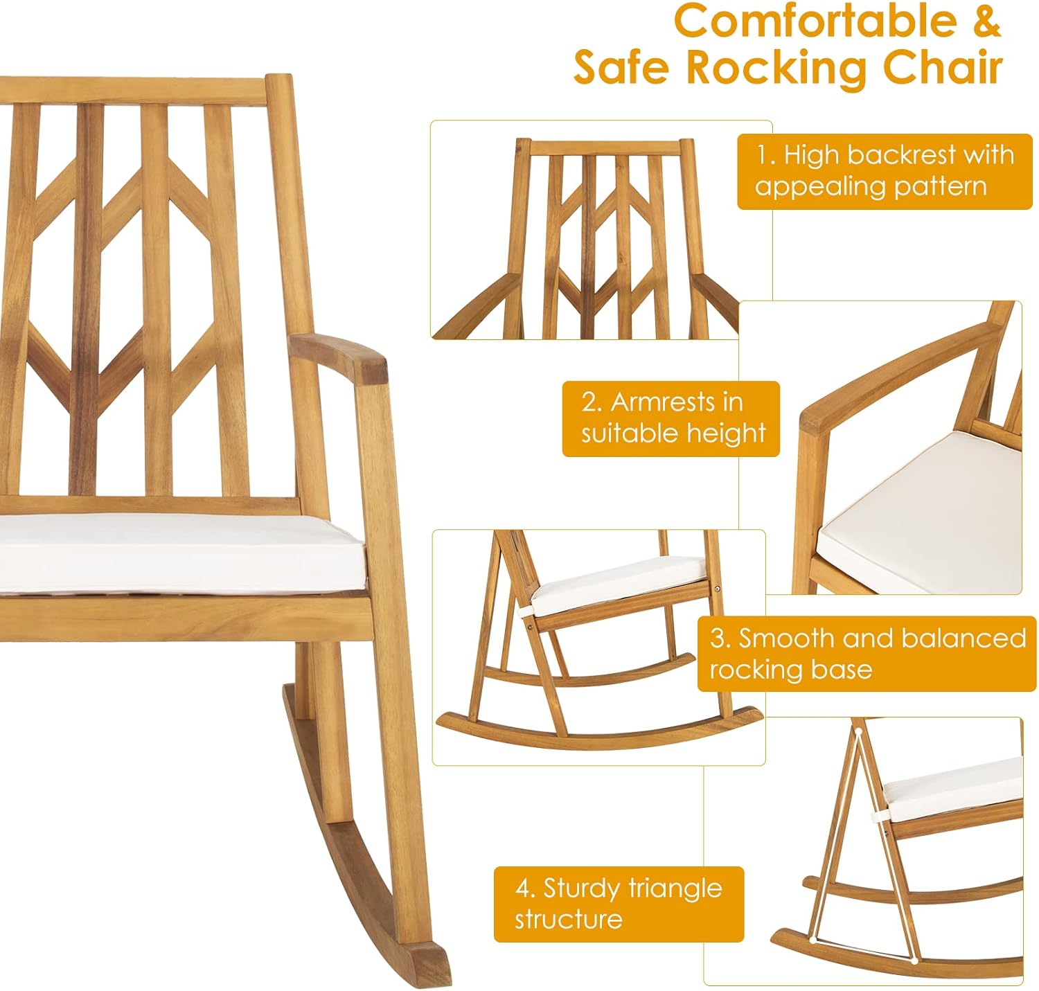 RELAX4LIFE Mecedora de madera para exteriores  Mecedora de patio de gran tamaño con respaldo alto, reposabrazos largo, cojín suave extraíble,