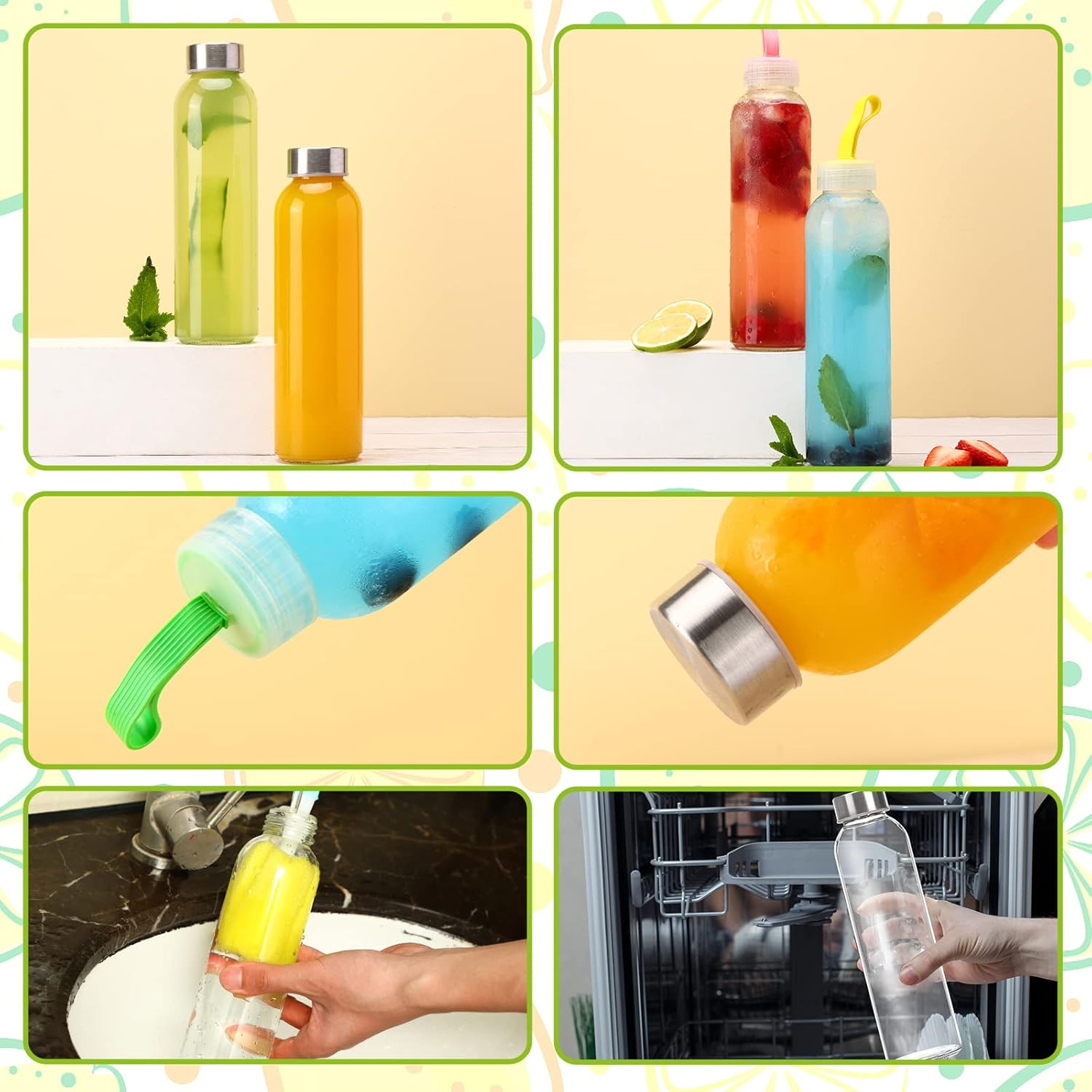 CUCUMI Botellas de jugo de vidrio de 18 onzas, 12 botellas de agua de vidrio con tapas de acero inoxidable, botellas de jugo reutilizables a granel