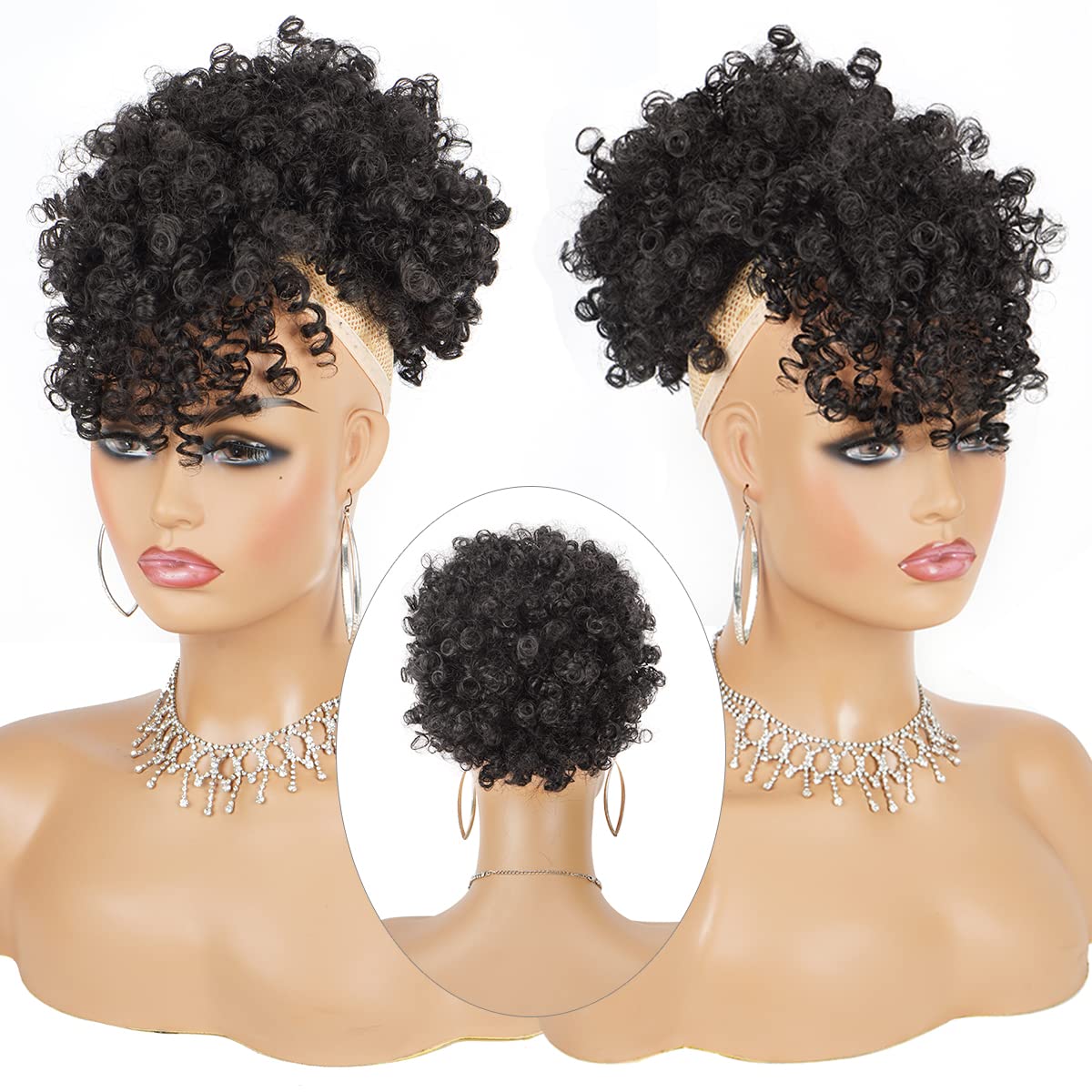 Cetiq Cola de caballo afro con cordón y flequillo, cola de caballo con cordón para mujer, extensiones de cabello rizado rizado con clip, extensiones
