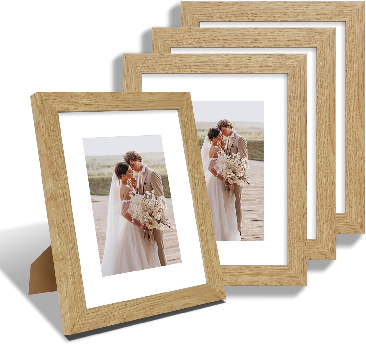 Juego de 4 portarretratos de 8 x 10 pulgadas, hecho de vidrio real y madera de roble natural, fotos de 8 x 10 pulgadas para pared o mesa, fotos de 5