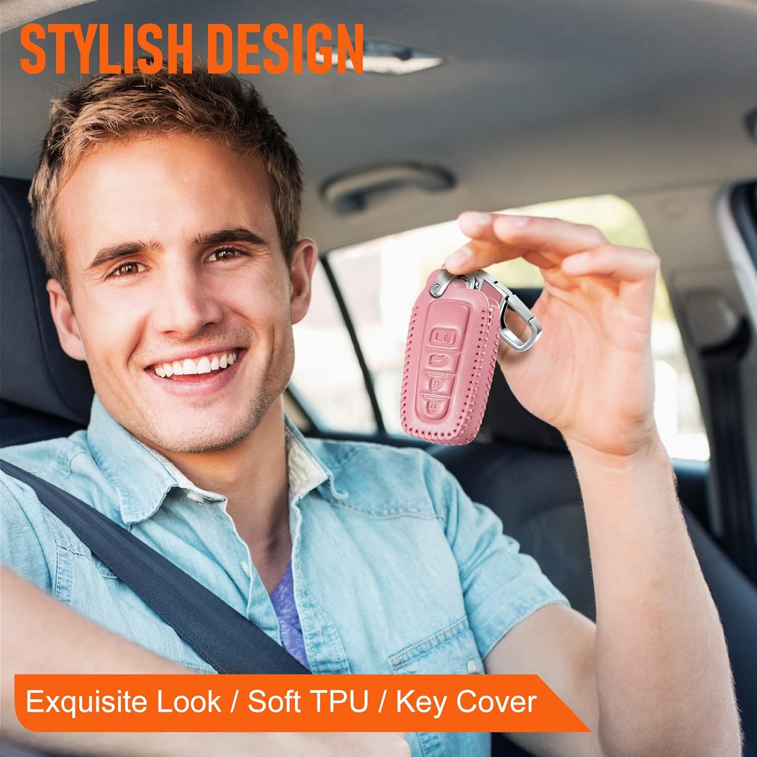 Slohif Funda de cuero para llavero de Toyota para Camry 4 botones, funda de cuero+anillo en D+gancho Futi, Rosado