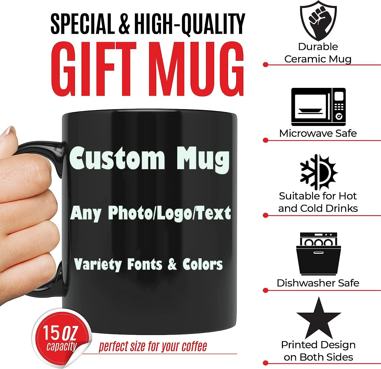 Taza de café personalizada con imagen, texto, logotipo, 15 onzas, regalos personalizados para amigos, familia, amor, para cumpleaños, aniversario,