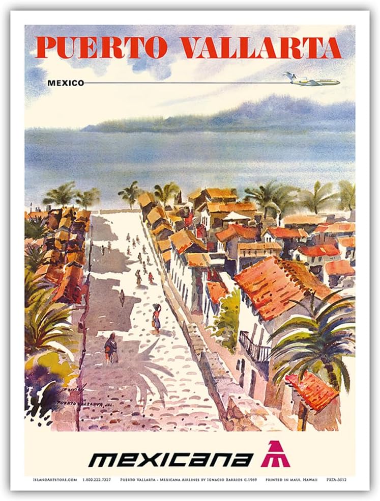 Puerto Vallarta Mexico – Mexicana Airlines (CMA-Compañía Mexicana de Aviación) – Póster vintage de viaje de aerolínea por Ignacio Barrios c.1969 –