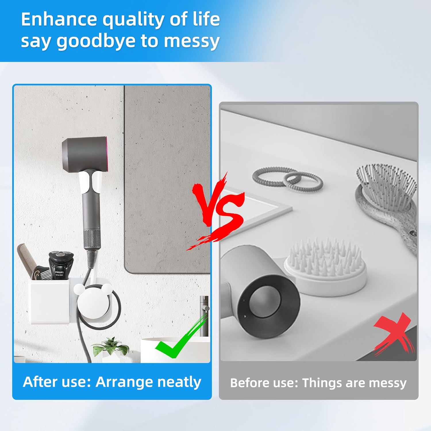 Soporte para secador de pelo manos libres con cualquier ángulo giratorio brazo totalmente posicionable. Soporte de pared para secador de pelo,
