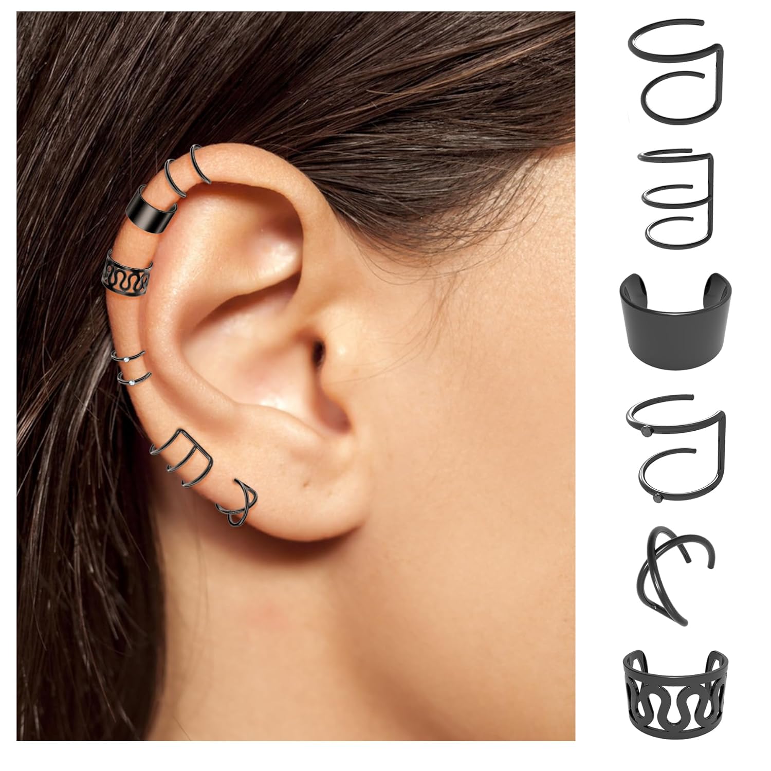 24 piezas de joyería de cabello negro para trenzas, aretes de metal sin perforación, joyería con diamantes de imitación de cristal, cuentas de