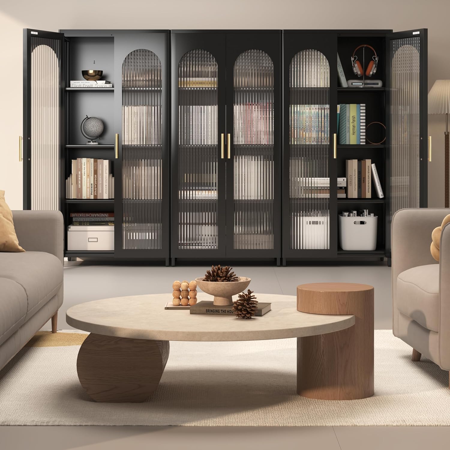 Armario de almacenamiento de metal de 59 pulgadas con puertas de cristal, vitrina de cristal para sala de estar, comedor y cocina, aparador
