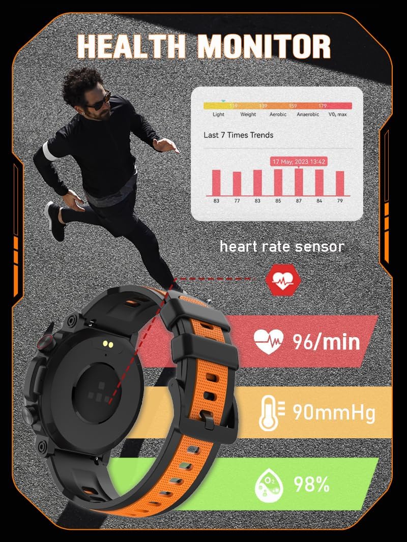 Relojes inteligentes militares para hombres, reloj inteligente táctico, hacerresponder llamadas, frecuencia cardíaca, oxígeno en sangre, monitor de