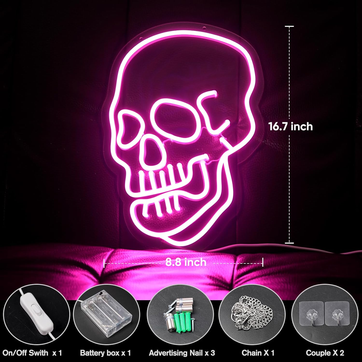 Arte de pared de calavera rosa, decoración de letrero de neón de Halloween, decoración de pared con alimentación USB y batería, letrero de luz de